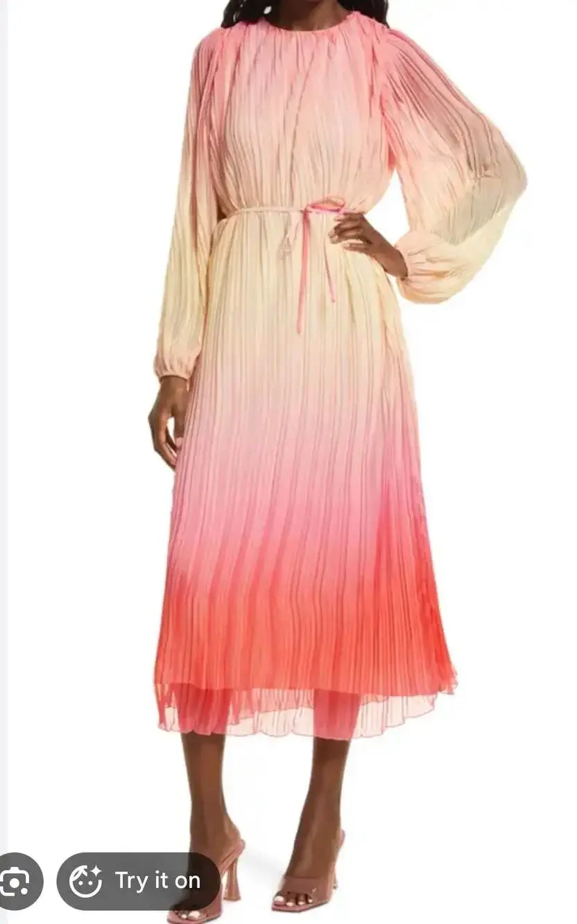 Something Navy Pleated Long Sleeve Ombre Dress Pink Combo midi XS NEW